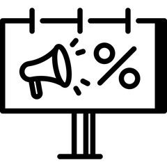 Billboard with loudspeaker and percent for promotion or marketing, vector icon