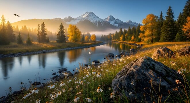 Scenic landscape of mountains river and trees at sunrise or sunset