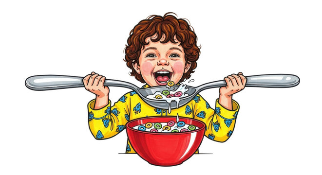 Joyful kid eats cereal with delight, big spoon ready for a tasty adventure, breakfast time fun, childhood happiness, kid enjoying a colorful cereal bowl