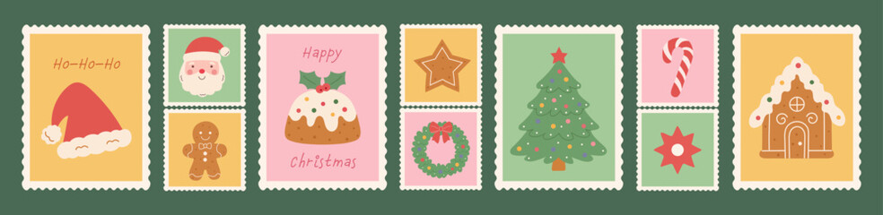 Christmas vintage postage stamp set: hand-drawn Santa, tree, hat, pudding, wreath, candy, gingerbread house. Soft pink, green, and yellow hues with scalloped edges create a cozy festive vector look.