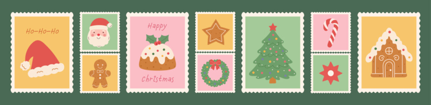 Christmas vintage postage stamp set: hand-drawn Santa, tree, hat, pudding, wreath, candy, gingerbread house. Soft pink, green, and yellow hues with scalloped edges create a cozy festive vector look.