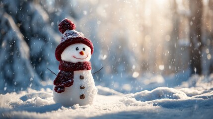 Fototapeta premium A cheerful snowman stands in a snowy landscape. It wears a red scarf and a matching hat. Snowflakes gently fall around it, creating a winter atmosphere.