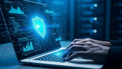 Cyber security shield glowing on laptop screen with data charts and circuit board patterns hacker typing in dark server room background digital protection concept - Powered by Adobe