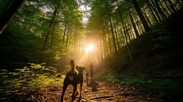 Woman and two dogs are walking on a forest path lit by a brilliant sunburst
