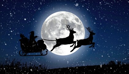 Naklejka premium Silhouette of Santa Claus on the sleigh pulled by reindeer flying in the moonlight 