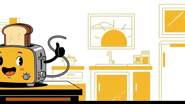 Happy Toaster Character with Bread Slice in a Bright Kitchen Setting.