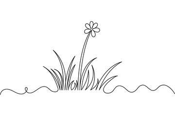 Simple grass and flower continuous line art on white background design
