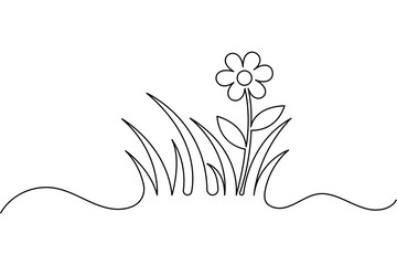 Simple grass and flower continuous line art on white background design
