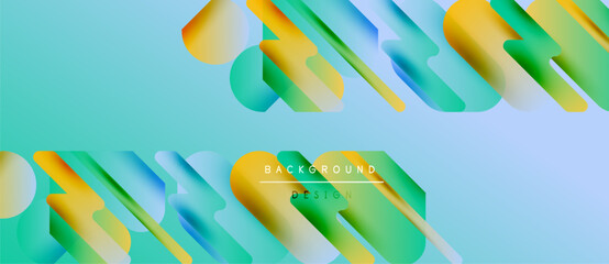 Abstract fluid shapes overlap, creating vibrant gradient effect. Turquoise background enhances dynamic composition. Modern design element.