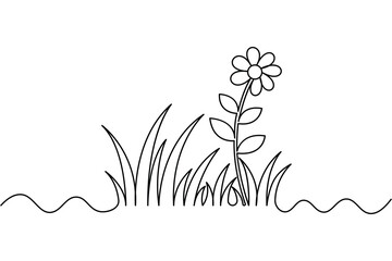 Simple grass and flower continuous line art on white background design
