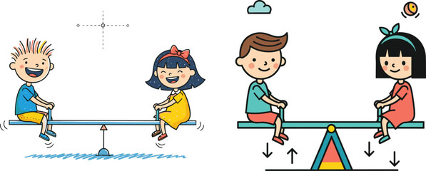 Happy children playing on seesaw at playground, kids having fun outdoors, balance game illustration, joyful childhood activity, friendship and laughter