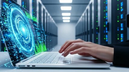 Futuristic data center operations with hands typing on a laptop displaying glowing digital interface and server racks with blue and green lights - Powered by Adobe