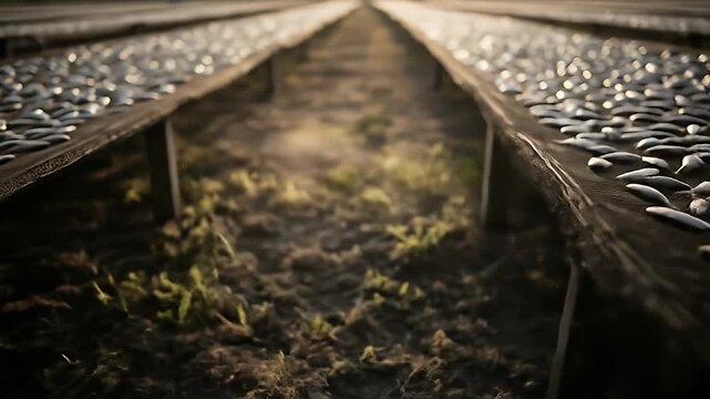 Drying fish on wooden platforms in rows, outdoor setting, sunny