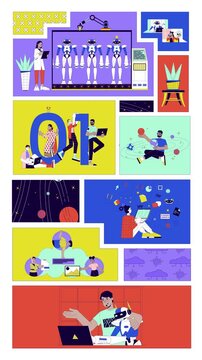 Technology science and virtual workspace animated bento grid layout. Cloud teamwork, coding. Robots with VR 2D animation flat cartoon ui collage design. Vertical 4K video motion graphic collection
