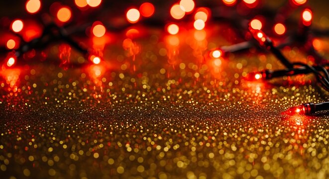 Softly glowing red christmas lights create a warm festive bokeh effect over a shimmering golden glitter background