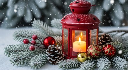 Festive red lantern with a glowing candle surrounded by snow covered pine branches and christmas ornaments