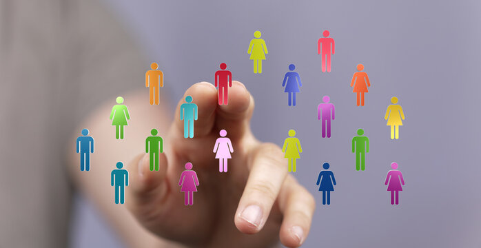 A finger interacting with a grid of multicolored people icons, representing digital connection, networking, and social interaction.