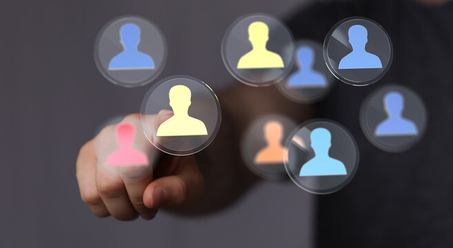 Hand pressing person icon, representing connection, communication, and networking in a digital age. Great for business, social media, and techno