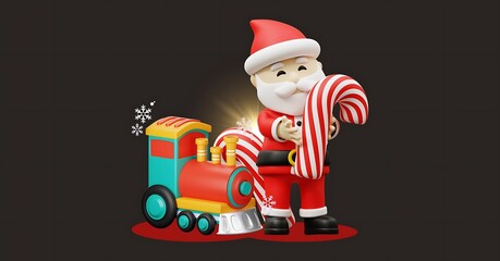 3D Santa Claus with Candy Cane and Toy Train