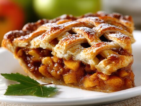 Freshly baked apple pie with lattice crust and powdered sugar