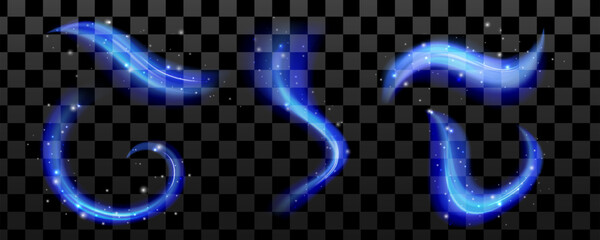 Blue wind swirl with frozen ice effect. Shimmering light wave and sparkle lines create wind motion and dreamy magic swirl effect.