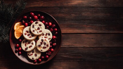 christmas holiday cranberry orange icebox cookies, top down view, dark wood background, cozy festive atmosphere, warm lighting, detailed texture