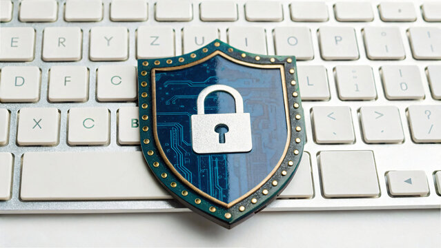 Close-up of a keyboard with a digital lock and shield illustrating the concept of computer security and online protection