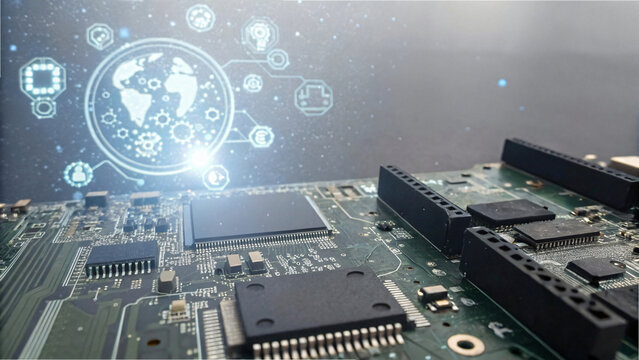 Close-up macro of a digital electronic circuit board, showcasing the motherboard's semiconductor chips and processor hardware components for computer technology with global connection hologram