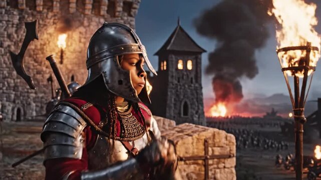 A medieval figure blows a horn, in front of a castle and battle