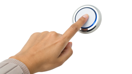 Businessman's hand presses a digital button, symbolizing a future business solution