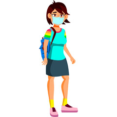Young Person Wearing Face Mask And Backpack With Colorful Sleeves And Grey Skirt Standing On White Background