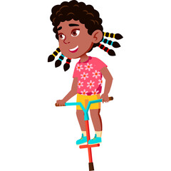 Young Girl with Braids Wearing Pink Floral Shirt Yellow Shorts and Blue Shoes Rides a Red Pogo Stick Outdoors on a Sunny Day