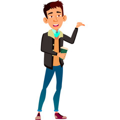 Young Man In Autumn Casual Outfit With Dark Jacket And Blue Jeans Holding Coffee Cup With Transparent Background