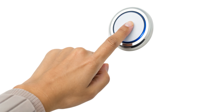 Businessman's hand presses a digital button, symbolizing a future business solution