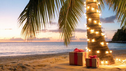 Tropical beach scene at sunset with a palm tree wrapped in glowing Christmas lights and two gift...