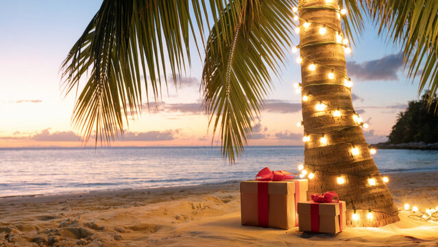 Tropical beach scene at sunset with a palm tree wrapped in glowing Christmas lights and two gift boxes with red ribbons on the sand, creating a festive holiday atmosphere by the ocean.