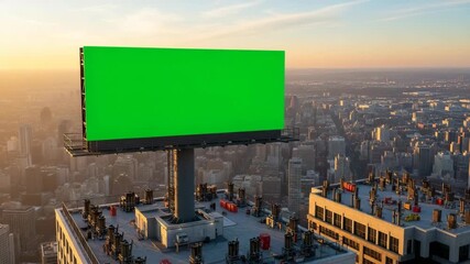 Large green screen chroma key billboard on city rooftop at golden hour sunset with urban skyline, industrial equipment, and dramatic sky for advertising mockup

