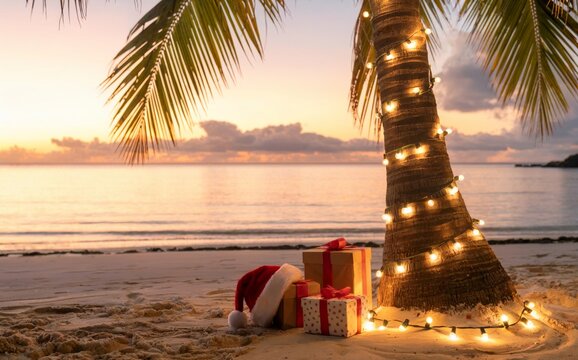 A tropical beach scene at sunset with a palm tree wrapped in Christmas lights, gifts, and a Santa hat on the sand, creating a festive holiday atmosphere by the ocean.