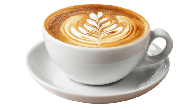 Latte art in a white coffee cup on a saucer