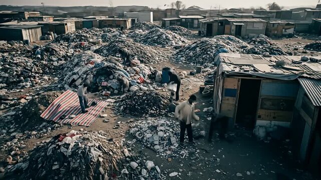People scavenge in a large landfill filled with trash and shacks in the distance