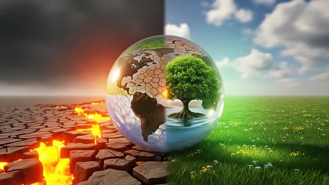 Environmental artwork arid cracks meets lush grass separated by a glass globe sphere