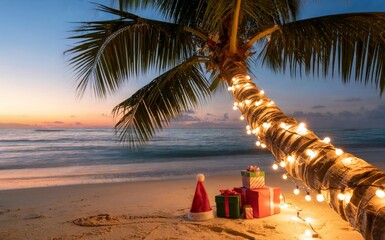 Tropical beach scene at sunset with a palm tree wrapped in glowing Christmas lights and two gift boxes with red ribbons on the sand, creating a festive holiday atmosphere by the ocean.