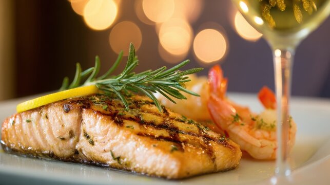 close up of grilled salmon fillet garnished with rosemary and lemon, served with shrimp and wine, evoking fine dining and gourmet flavor, soft warm