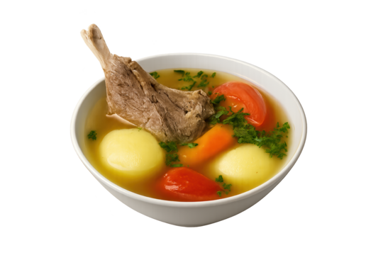 White bowl of clear broth soup with rib bone, potatoes, carrots, tomato chunks, and chopped parsley