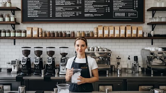 Smiling barista in apron with ice, standing in front of a detailed cafe setting - Powered by Adobe