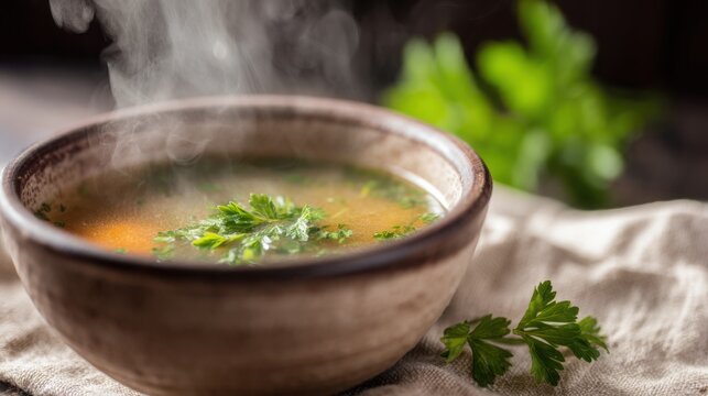 close up of steaming soup garnished with parsley, evoking warmth, comfort, and homemade culinary freshness, soft natural light, shallow depth