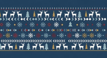 Festive winter holiday pattern with white deer, fir trees, and geometric shapes on blue background.