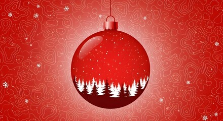 Glossy red holiday ornament with white fir trees and snow against a contour line background.