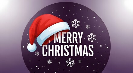 Vibrant red Santa hat and white snowflakes decorate a dark purple Merry Christmas greeting.