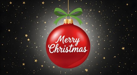 Vibrant red Christmas bauble with green ribbon and 'Merry Christmas' text on a sparkling background.